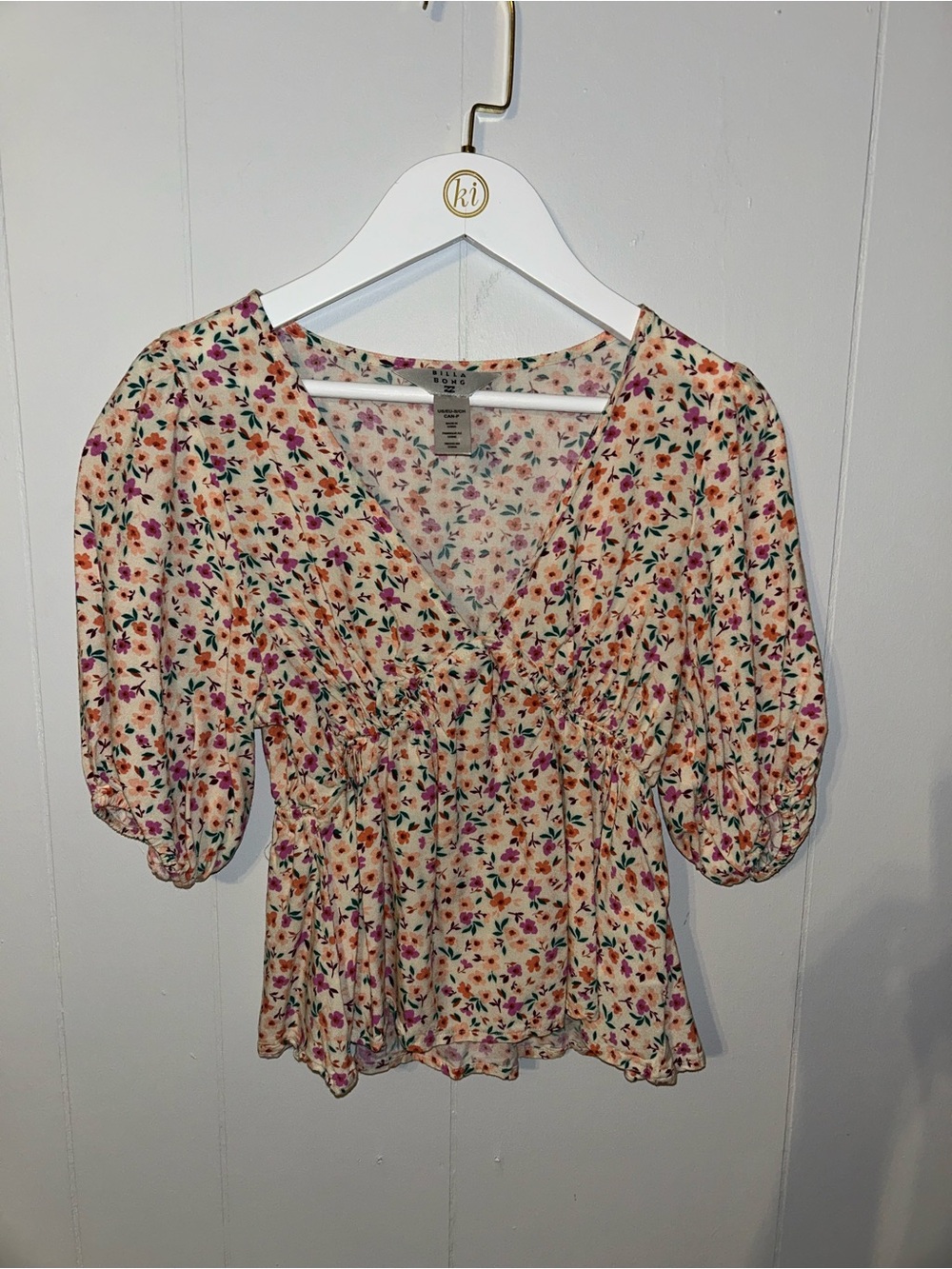 Billabong Cream Floral V-Neck Peplum Blouse